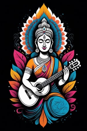 Vintage tshirt print design (on a white background:1.2), Retro Silhouette drawing of a indian saraswati idol from the front, with colors ink pop art blackground,delicate,filigram,centered,intricate details,high resolution,4k, illustration style,Leonardo Style