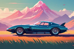 (by James Gilleard, (Andreas Rocha:1.15):1.05), cat, exotic car, Nanda Devi, dynamic angle, (side view:1.2), retro artstyle, award-winning, minimalist, simple, wide landscape, high contrast, highly detailed, intricate,