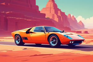 (by James Gilleard, (Andreas Rocha:1.15):1.05), cat, exotic car, Pattadakal, dynamic angle, (side view:1.2), retro artstyle, award-winning, minimalist, simple, wide landscape, high contrast, highly detailed, intricate,