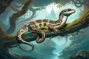 Detailed illustration of a regal python laying on a branch, very highly detailed, intricate, magnificent, fantasy art by Android Jones, Gil Elvgren, Carne Griffiths, Victo Ngai, Amanda Clark; Silver moonscape, fantasy concept art, 8k resolution, hyperdetailed matte painting