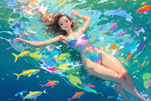 (masterpiece, best quality:1.4), (flat color:1.3), (colorful:1.35), looking at viewer, 1girl, (((solo))), floating in colorful water, (2D:1.25), perfect lighting, perfect shading, (realistic:1.2), (mature adult:1.35), dynamic pose, (detailed, intricate), beautiful, gorgeous stunning, cinematic, epic, (perfect body, perfect legs), (Photorealistic:1.5), (mature adult:1.4), centered, (sketch, illustration),niji style