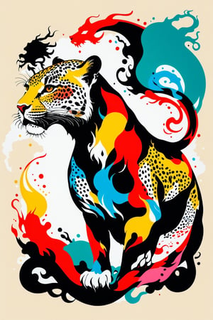 Vintage print design (on a white background:1.2), Silhouette drawing a rampant leopard, with colors ink pop art blackground, delicate, filigram, centered, intricate details, illustration style, Katsushika Hokusa Style, ink sketch, comic book,chinese dragon,Leonardo Style