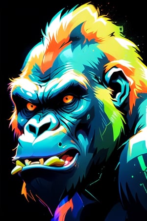 Gorilla seen in angry profile, opening his snout, in neon colors, orange, green, blue, on a black background,darkart