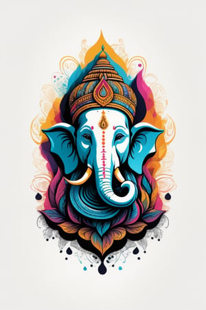 Vintage tshirt print design (on a white background:1.2), Retro Silhouette drawing of a indian ganesh idol from the front, with colors ink pop art blackground,delicate,filigram,centered,intricate details,high resolution,4k, illustration style,Leonardo Style