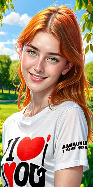 (masterpiece, best quality, ultra-detailed, 8K),high detail,
a young student model, with perfect female body,slim,green iridiscent eyes,orange hair, Text written in her T-shirt with the text ("I Love You?":1.6), in an orchard ,kind simile,bliss,joyful,cute,charming,,colorful,modelshoot style,