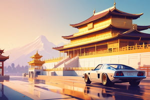 (by James Gilleard, (Andreas Rocha:1.15):1.05), cat, exotic car, Golden Temple, dynamic angle, (side view:1.2), retro artstyle, award-winning, minimalist, simple, wide landscape, high contrast, highly detailed, intricate,