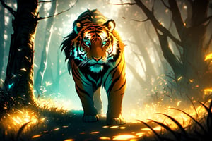 style of Anato Finnstark, a beautiful landscape of a tiger, outdoor, thematic background, neon, glow, fluttering symbols, | depth of field, bokeh, | smooth detailed shadows, hyperealistic shadows, (saturated color) | ,(unreal engine, pixar style), (3d model)