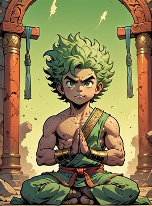 vintage comic book illustration, 1boy, a stocky fantasy martial artist meditating in a shrine, glowing battle aura, standing with cross arms, (eyes closed), wearing pants, (wearing a torn top), wild green hair, (messy hair, big hair), thick eyebrows, ((curvy figure, strong, thicc)), (tan, dark skin), graphic illustration, comic art, graphic novel art, vibrant, highly detailed, ((dynamic angle, dutch angle, closeup shot)),Drawing of a little boy