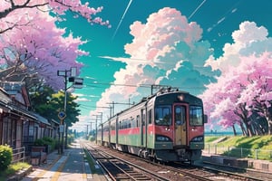 Beautiful pastel background wallpaper, blue sky, clouds, sunshine, ocean, beach, train, railroad crossing, old train station, detailed trees, cherry blossoms, detailed background, 8k, details, ultra realistic, pastelbg, clear water, water way, 