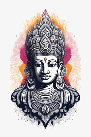 Vintage tshirt print design (on a white background:1.2), Retro Silhouette drawing of a indian brahma idol from the front, with colors ink pop art blackground,delicate,filigram,centered,intricate details,high resolution,4k, illustration style,Leonardo Style