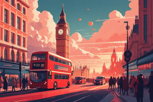 (by James Gilleard, (Laurie Greasley:1.05):1.15), red double decker bus, london big ben, clouds, busy streets filled with people, shining golden hour, cyberpunk city, dynamic angle, (side view:1.2), retro artstyle, award-winning, minimalist, simple, wide landscape, high contrast, highly detailed, intricate,