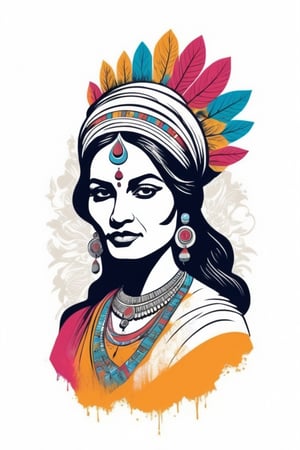 Vintage tshirt print design (on a white background:1.2), Retro Silhouette drawing of a indian rani wearing a kabuto from the front, with colors ink pop art blackground,delicate,filigram,centered,intricate details,high resolution,4k, illustration style,Leonardo Style