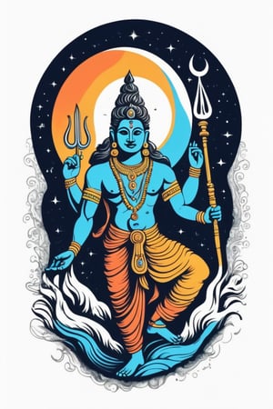 Vintage tshirt print design (on a white background:1.2), Retro Silhouette drawing of a indian shiv idol with trishul on head moon and ganges river is flowing from head the front, with colors ink pop art blackground,delicate,filigram,centered,intricate details,high resolution,4k, illustration style,Leonardo Style