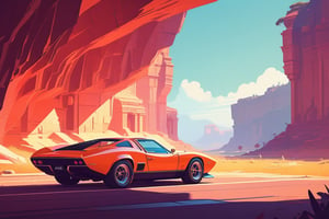 (by James Gilleard, (Andreas Rocha:1.15):1.05), cat, exotic car, Ellora Caves, (side view:1.2), retro artstyle, award-winning, minimalist, simple, wide landscape, high contrast, highly detailed, intricate,