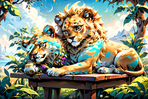 In the style of digital illustration, envision a lioness man peacefully napping with his head resting on a table, inspired by the whimsical and surreal world of Salvador Dali, where reality intertwines with dreams, featuring vibrant colors and surreal elements to add a touch of magic to the scene.

300 DPI, HD, 8K, Best Perspective, Best Lighting, Best Composition, Good Posture, High Resolution, High Quality, 4K Render, Highly Denoised, Clear distinction between object and body parts, Masterpiece, Beautiful face, 
Beautiful body, smooth skin, glistening skin, highly detailed background, highly detailed clothes, 
highly detailed face, beautiful eyes, beautiful lips, cute, beautiful scenery, gorgeous, beautiful clothes, best lighting, cinematic , great colors, great lighting, masterpiece, Good body posture, proper posture, correct hands, 
correct fingers, right number of fingers, clear image, face expression should be good, clear face expression, correct face , correct face expression, better hand position, realistic hand position, realistic leg position, no leg deformed, 
perfect posture of legs, beautiful legs, perfectly shaped leg, leg position is perfect,
,2d game scene