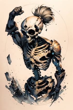 Skeleton sticker, fantasy character, soul, digital illustration, comic book style, steampunk noir, perfect anatomy, centered, approaching perfection, dynamic, highly detailed, watercolor painting, artstation, concept art, soft, sharp focus, illustration, art by Carne Griffiths and Wadim Kashin, more realistic 