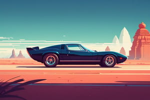 (by James Gilleard, (Andreas Rocha:1.15):1.05), cat, exotic car, Pattadakal, dynamic angle, (side view:1.2), retro artstyle, award-winning, minimalist, simple, wide landscape, high contrast, highly detailed, intricate,