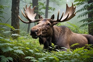 Tropical primitive jungle, fog, whole body hidden in weeds, a fierce Moose, lying prone, eyes wide open, with many big trees and vines in the background

Best quality, masterpiece, photorealistic, high resolution, ultra close-up
Ultra-detailed, ultra-realistic, ultra-clear, full-body shooting,photo r3al