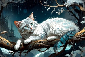 Detailed illustration of a regal cat laying on a branch, very highly detailed, intricate, magnificent, fantasy art by Android Jones, Gil Elvgren, Carne Griffiths, Victo Ngai, Amanda Clark; Silver moonscape, fantasy concept art, 8k resolution, hyperdetailed matte painting