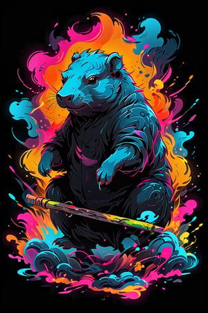 stamp vector for t-shirt, Capybara character, strong lines, lit neon palette, neo-traditional, badass, hipster, graffiti, underground, badass, noir