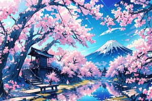 (masterpiece,  best quality,  highres:1.3), Scenery, blue skies, Japan, abundant cherry blossoms, Mount Fuji is the focus, Japanese style, joy, best quality,  scenery,  nature,  sunlight,  dappled sunlight,  light particles