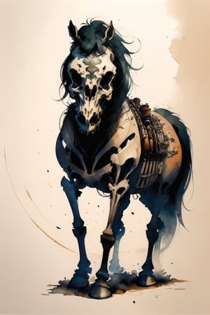 Horse skeleton sticker, fantasy character, soul, digital illustration, comic book style, steampunk noir, perfect anatomy, centered, approaching perfection, dynamic, highly detailed, watercolor painting, artstation, concept art, soft, sharp focus, illustration, art by Carne Griffiths and Wadim Kashin, more realistic 