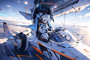 masterpiece, top quality, 1 girl, white pilot suit, headset, sitting in cockpit, operating, thumbs up, otherworldly airbase, runway, algorithmic design fighter, silver fighter, high definition, composition from above, wide shot, colorful sky, science fiction, fantastic,1 girl