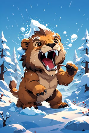 cartoon flat, cute Saber-toothed predator playing with snow, high detail cartoon vector illustration, cartoon character design, simple, minimalist, cute, funny, chibi, kawaii, isolated on transparent background, digital rendering,Flat vector art,Vector illustration,Illustration