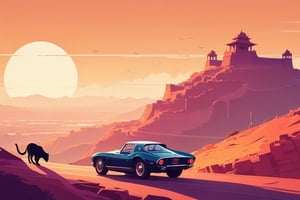 (by James Gilleard, (Andreas Rocha:1.15):1.05), cat, exotic car, Hill Forts of Rajasthan, dynamic angle, (side view:1.2), retro artstyle, award-winning, minimalist, simple, wide landscape, high contrast, highly detailed, intricate,