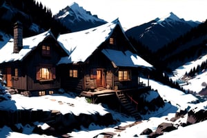 Mountain cottage in snowy landscape, indian style, illustration style,chica anime 