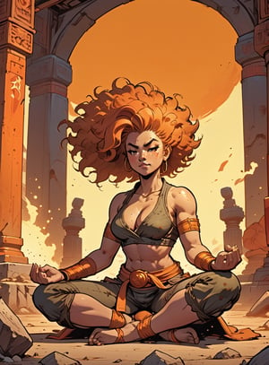vintage comic book illustration, 1girl, a stocky fantasy martial artist meditating in a shrine, glowing battle aura, sitting with legs crossed, (eyes closed), wearing pants, (wearing a torn top), wild orange hair, (messy hair, big hair), thick eyebrows, ((curvy figure, strong, thicc)), (tan, dark skin), graphic illustration, comic art, graphic novel art, vibrant, highly detailed, ((dynamic angle, dutch angle, closeup shot)),