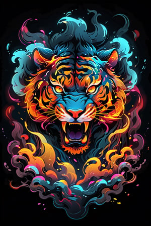 stamp vector for t-shirt, Bengal tiger character, strong lines, lit neon palette, neo-traditional, badass, hipster, graffiti, underground, badass, noir