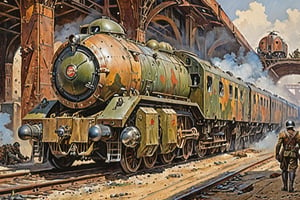 detailed full-length picture, masterpiece, best quality, ultra high resolution, visually stunning, beautiful, award-winning art (abstract art: 1.3), beautiful ))), oil painting dieselpunk. Orcish dieselpunk armored war-train at the dieselpunk station during loading of ammunition Watercolor, trending on artstation, sharp focus, studio photo, intricate details, highly detailed, by greg rutkowski, more detail XL, hyper detailed, realistic, oil painting, by julie bell, frank frazetta, cinematic lighting