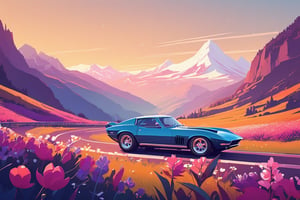 (by James Gilleard, (Andreas Rocha:1.15):1.05), cat, exotic car, Valley of Flowers National Park, dynamic angle, (side view:1.2), retro artstyle, award-winning, minimalist, simple, wide landscape, high contrast, highly detailed, intricate,