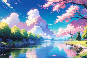 Beautiful pastel background wallpaper, blue sky, clouds, sunshine, ocean, beach, detailed trees, cherry blossoms, detailed background, 8k, details, ultra realistic, pastelbg, clear water, water way, ,breakdomain, (yumi, 19years old korean girl, in a yellow one-piece short dress),