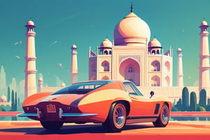 (by James Gilleard, (Andreas Rocha:1.15):1.05), cat, exotic car, Taj mahal, dynamic angle, (side view:1.2), retro artstyle, award-winning, minimalist, simple, wide landscape, high contrast, highly detailed, intricate,