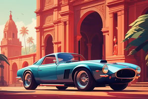 (by James Gilleard, (Andreas Rocha:1.15):1.05), cat, exotic car, Basilica of Bom Jesus, dynamic angle, (side view:1.2), retro artstyle, award-winning, minimalist, simple, wide landscape, high contrast, highly detailed, intricate,