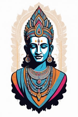 Vintage tshirt print design (on a white background:1.2), Retro Silhouette drawing of a indian shri rama idol from the front, with colors ink pop art blackground,delicate,filigram,centered,intricate details,high resolution,4k, illustration style,Leonardo Style