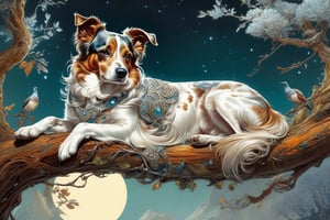 Detailed illustration of a regal dog laying on a branch, very highly detailed, intricate, magnificent, fantasy art by Android Jones, Gil Elvgren, Carne Griffiths, Victo Ngai, Amanda Clark; Silver moonscape, fantasy concept art, 8k resolution, hyperdetailed matte painting