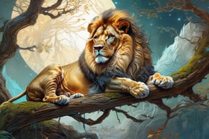 Detailed illustration of a regal lion laying on a branch, very highly detailed, intricate, magnificent, fantasy art by Android Jones, Gil Elvgren, Carne Griffiths, Victo Ngai, Amanda Clark; Silver moonscape, fantasy concept art, 8k resolution, hyperdetailed matte painting