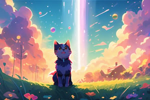 A joyful dog captured in the vibrant hues of Pixar 3D animation, inspired by the whimsical style of Carlos Baena. The scene unfolds in a sunlit meadow, the dog's tail wagging enthusiastically as it plays with a rainbow-colored ball. The color temperature is warm, highlighting the dog's fur in a palette of golden browns. The expression on its face radiates pure happiness, complemented by the soft, natural lighting and a serene atmosphere. ,disney pixar style,cute cartoon ,cat,DonMChr0m4t3rr4 ,pastelbg