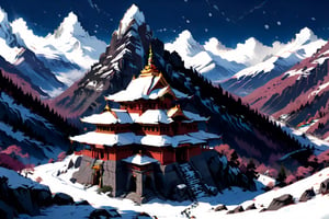 Mountain hindu temple in snowy landscape, indian style, illustration style,chica anime 