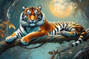 Detailed illustration of a regal tiger laying on a branch, very highly detailed, intricate, magnificent, fantasy art by Android Jones, Gil Elvgren, Carne Griffiths, Victo Ngai, Amanda Clark; Silver moonscape, fantasy concept art, 8k resolution, hyperdetailed matte painting