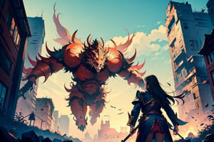 art by Nguyen Lan, ( extremely beautiful:1.4), (masterpiece, best quality:1.4) , two enemies fight in a cityscape and in the background a giant monster breathing fire from its mouth ,Movie Still