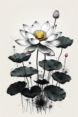 Vintage tshirt print design (on a white background:1.2), Retro Silhouette drawing of a bouquet of lotus flowers from the front, with colors ink pop art blackground, delicate, filigram, centered, intricate details, high resolution, 4k, illustration style, Leonardo Style

