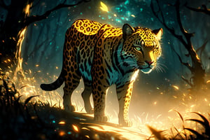 style of Anato Finnstark, a beautiful landscape of a leopard, outdoor, thematic background, neon, glow, fluttering symbols, | depth of field, bokeh, | smooth detailed shadows, hyperealistic shadows, (saturated color) | ,(unreal engine, pixar style), (3d model)