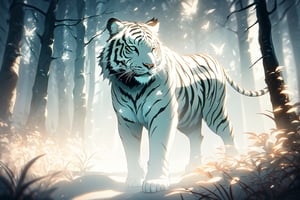 style of Anato Finnstark, a beautiful landscape of a white tiger, outdoor, thematic background, neon, glow, fluttering symbols, | depth of field, bokeh, | smooth detailed shadows, hyperealistic shadows, (saturated color) | ,(unreal engine, pixar style), (3d model)