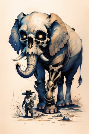 Elephant skeleton sticker, fantasy character, soul, digital illustration, comic book style, steampunk noir, perfect anatomy, centered, approaching perfection, dynamic, highly detailed, watercolor painting, artstation, concept art, soft, sharp focus, illustration, art by Carne Griffiths and Wadim Kashin, more realistic 
