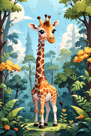 cartoon flat, cute giraffe playing with forest, high detail cartoon vector illustration, cartoon character design, simple, minimalist, cute, funny, chibi, kawaii, isolated on transparent background, digital rendering,Flat vector art,Vector illustration,Illustration