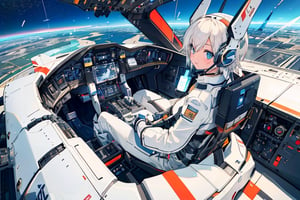 masterpiece, top quality, 1 girl, white pilot suit, headset, sitting in cockpit, operating, thumbs up, otherworldly airbase, runway, algorithmic design fighter, silver fighter, high definition, composition from above, wide shot, colorful sky, science fiction, fantastic